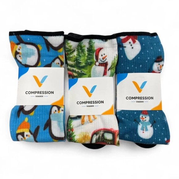 3 Pair Viasox Diabetic Compression Knee High Socks Men's Women's XL Christmas - Picture 1 of 4